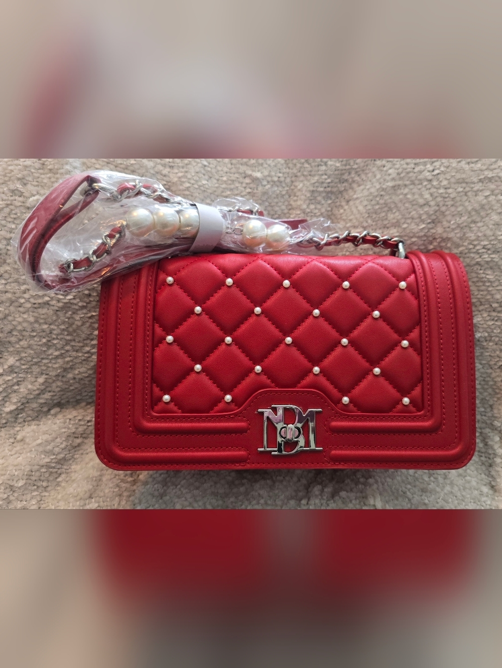 Quilted Red Pearl-Studded Crossbody Bag